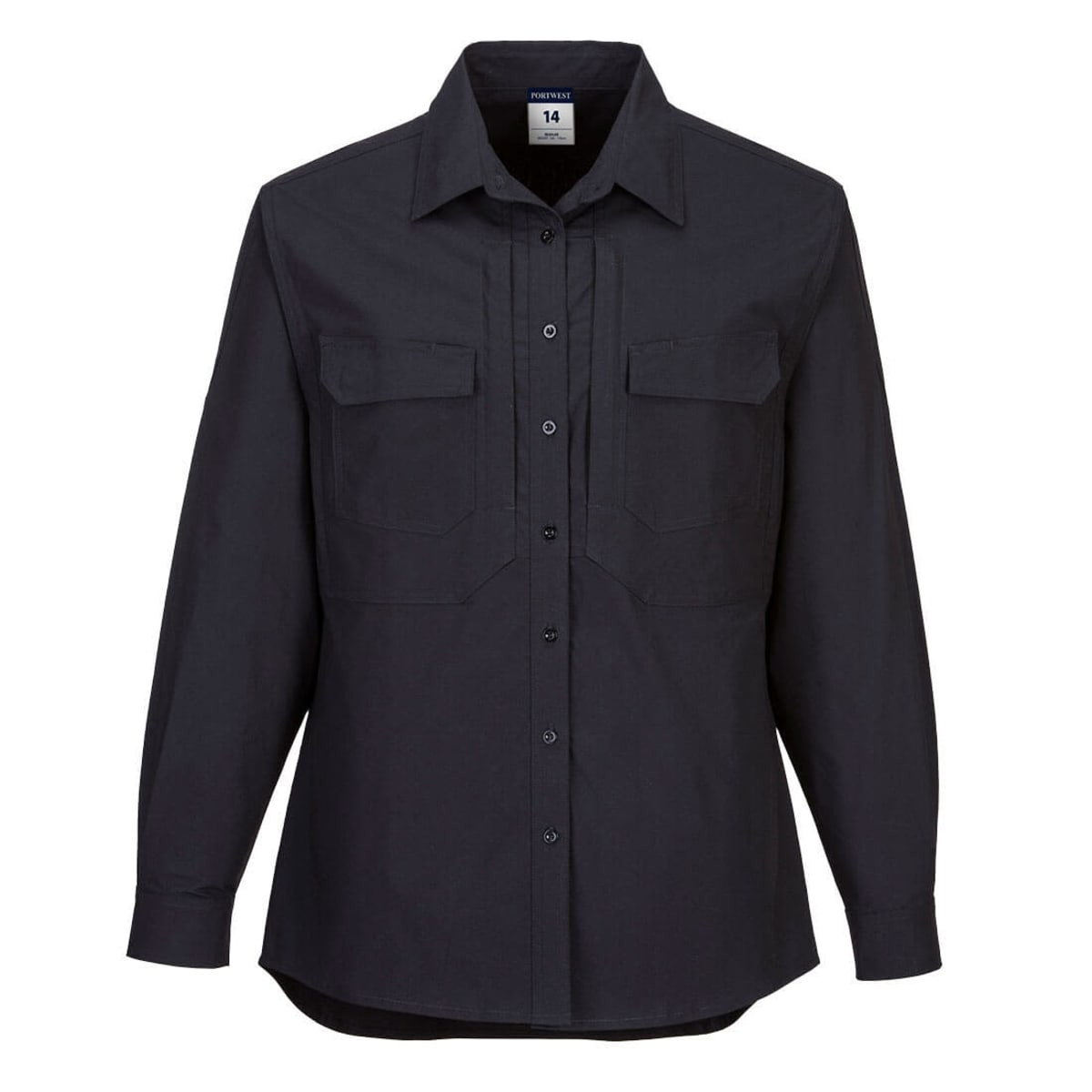 A black long-sleeve utility work shirt with two chest pockets and a button-up front. It features a logo on the label.