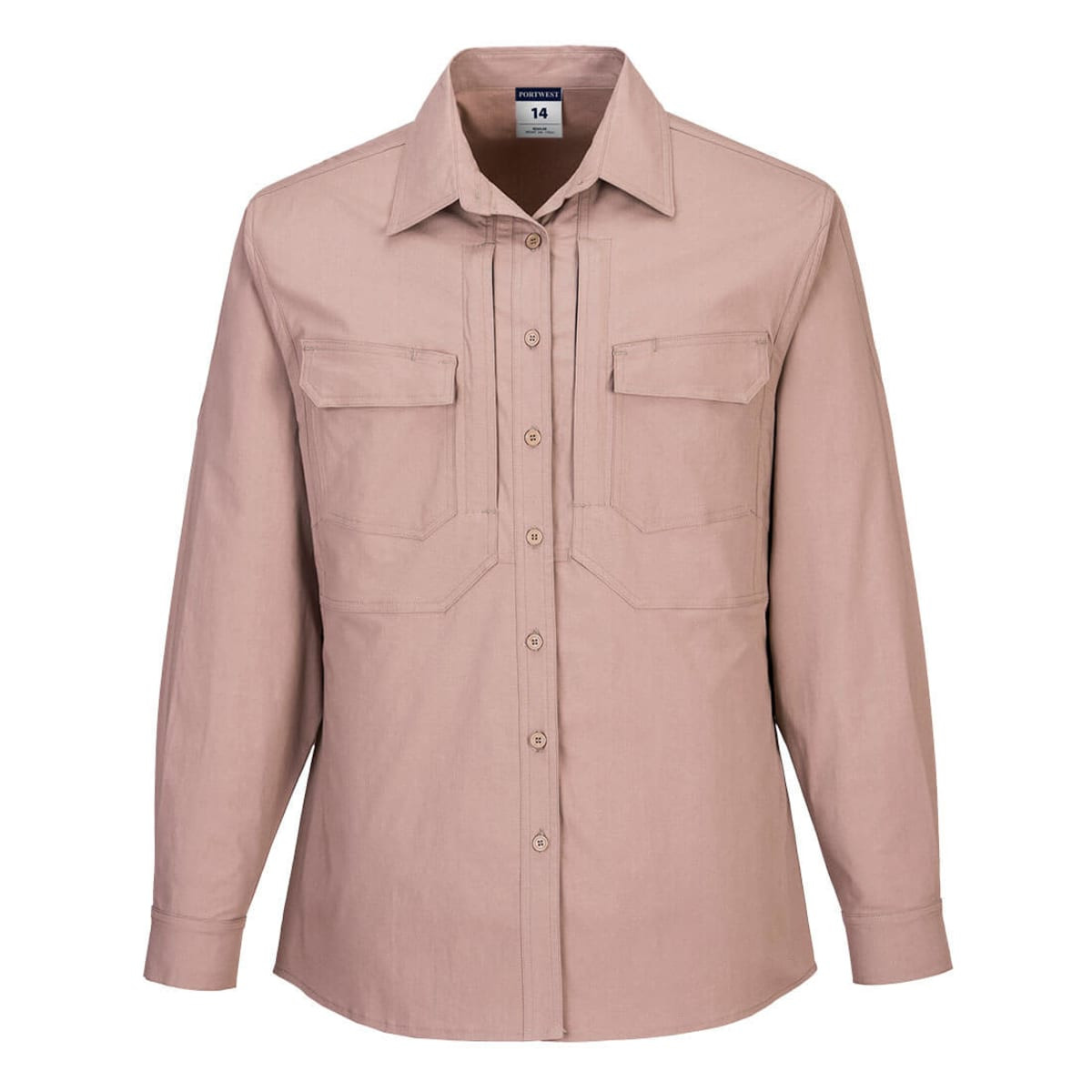 A beige long-sleeve utility work shirt with a button front and two chest pockets, featuring a subtle logo.