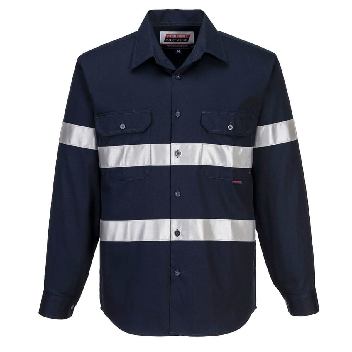 Navy long-sleeve cotton shirt with reflective stripes and a logo on the chest, featuring two front pockets.
