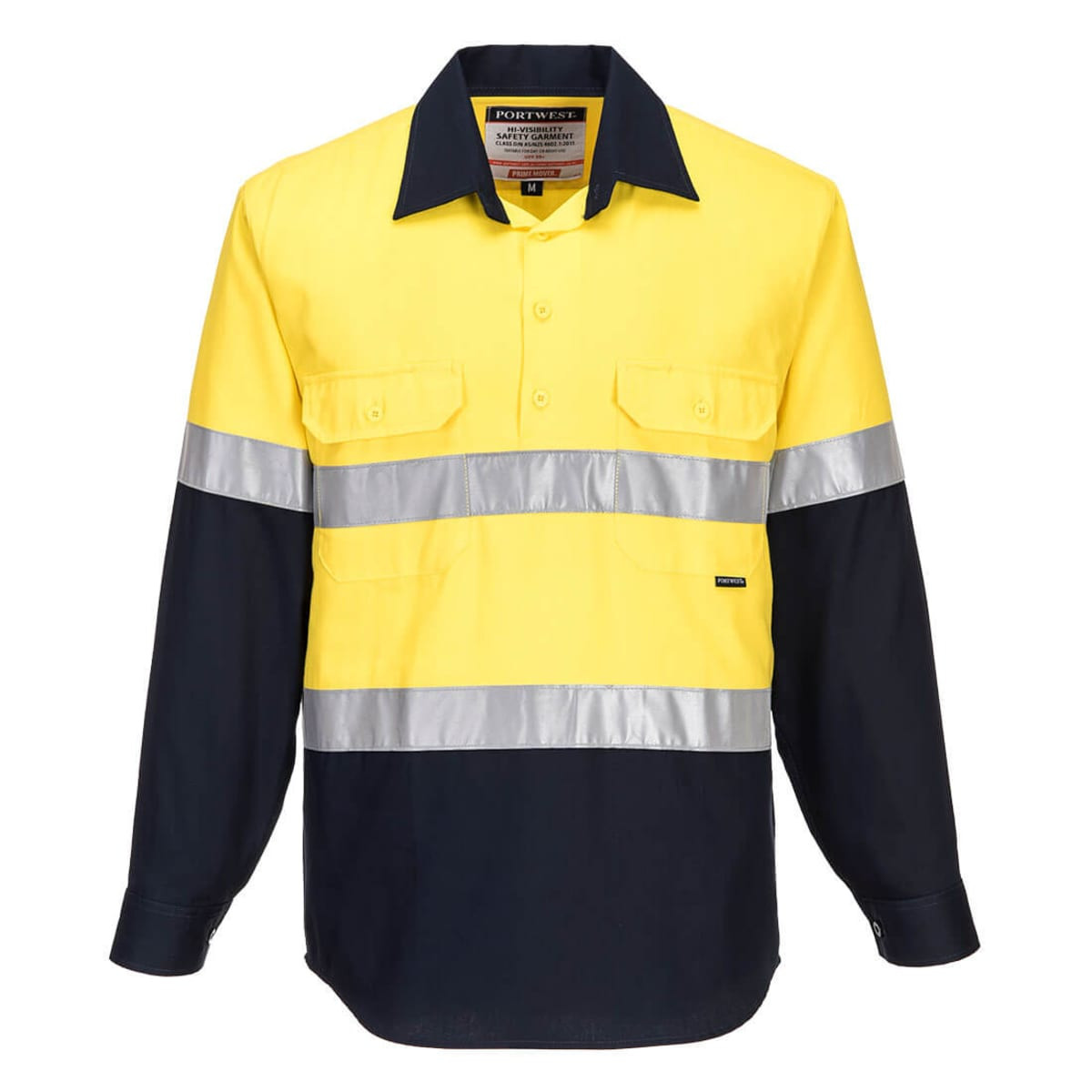 Long-sleeve work shirt in bright yellow with black sleeves and reflective strips, featuring a logo.