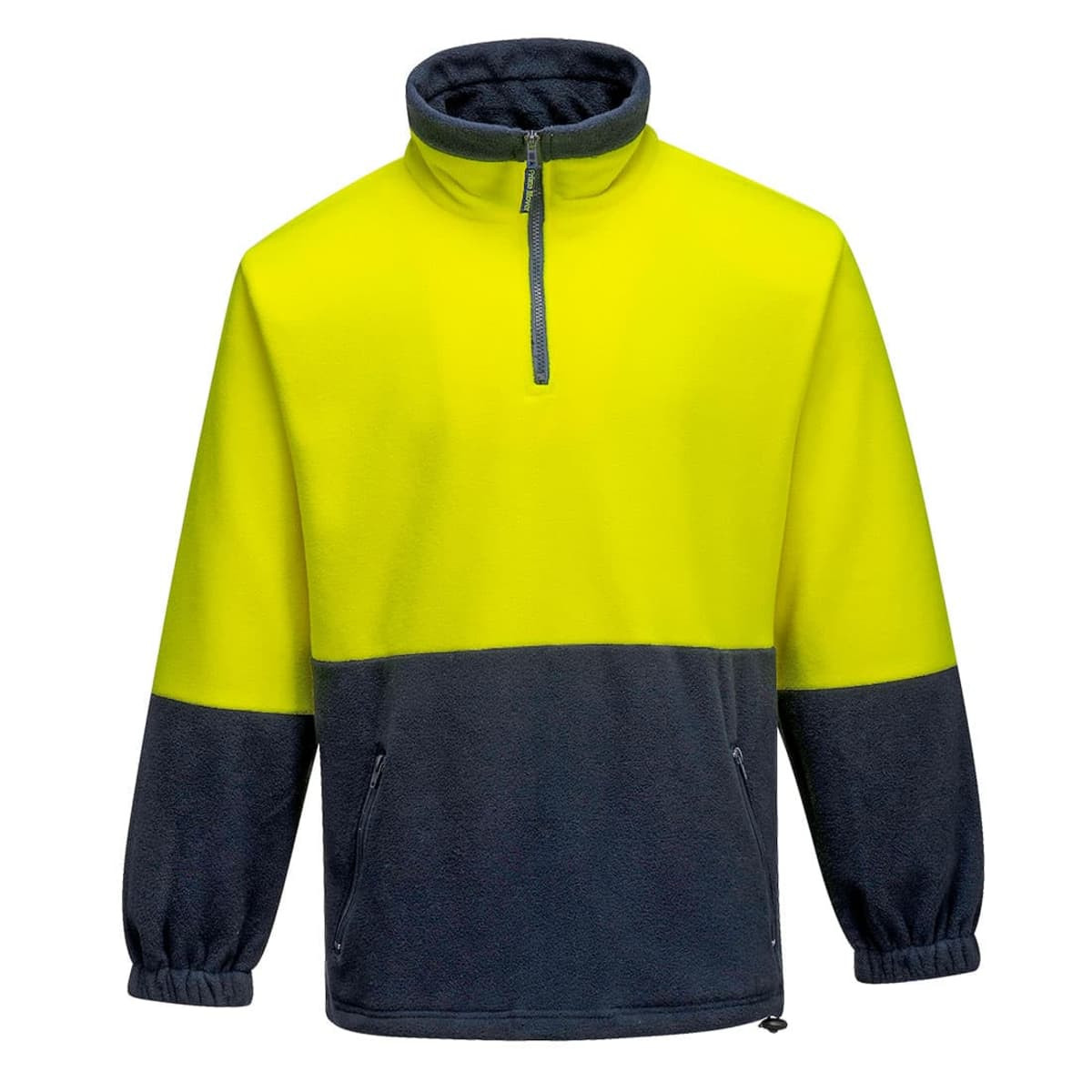 A polar fleece jumper in bright yellow and dark grey, featuring a zip collar and side pockets.