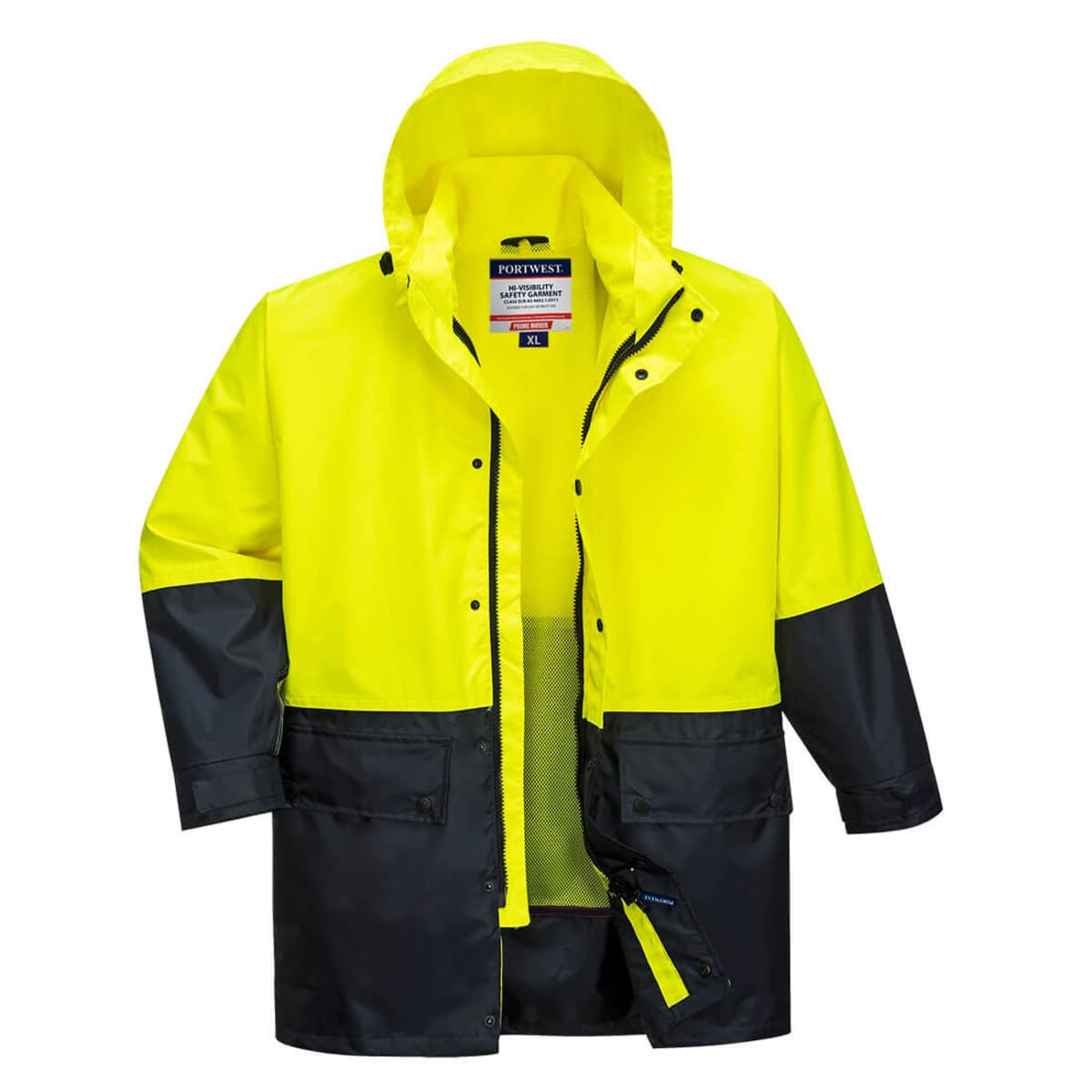 A bright yellow and navy two-tone jacket with a hood and multiple pockets, featuring a logo. Ideal for workwear.