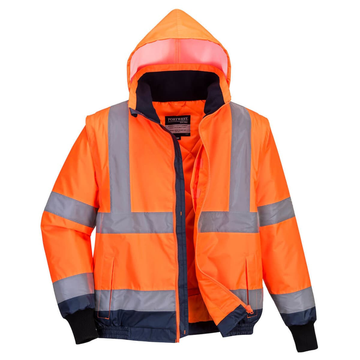 A Hi-Vis 2in1 bomber jacket featuring bright orange fabric with reflective strips and a hood, designed for safety wear.