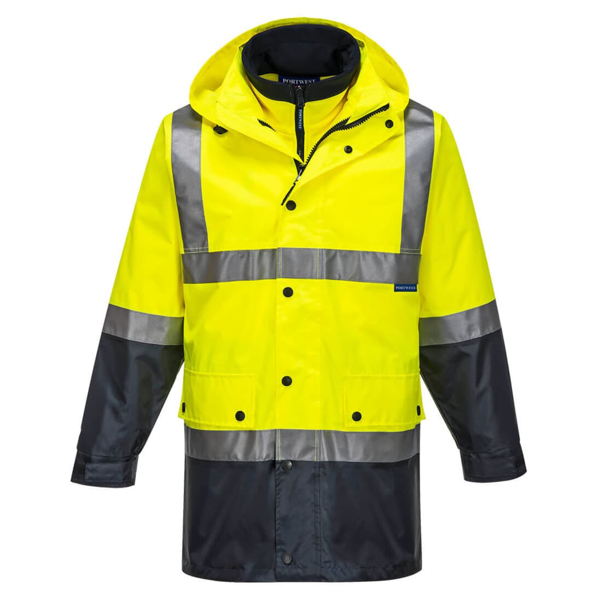 A yellow and black Hi-Vis 4in1 jacket with reflective strips and a hood, featuring a logo.