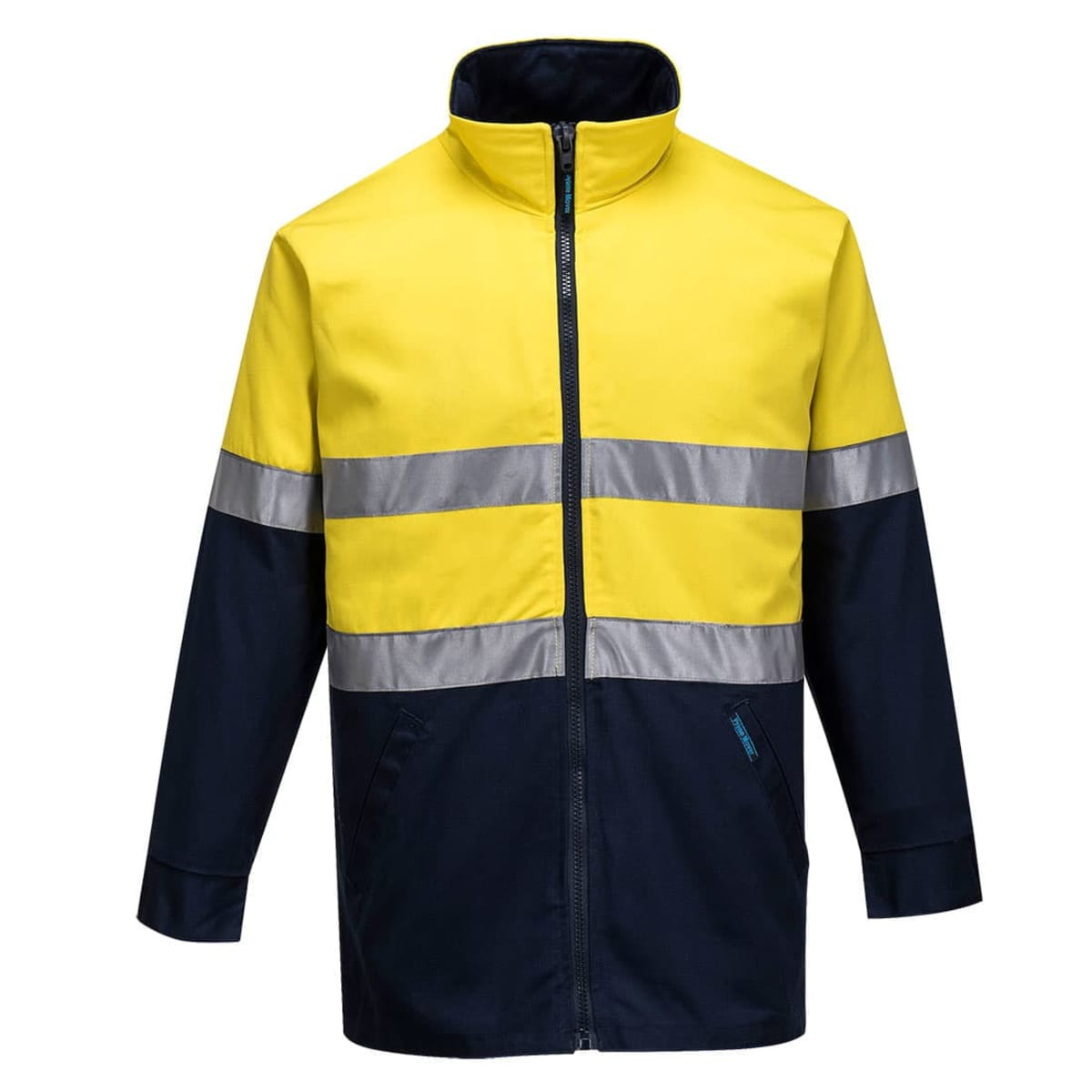 A cotton drill jacket featuring a bright yellow upper and navy lower section, with reflective stripes and a zipper front.