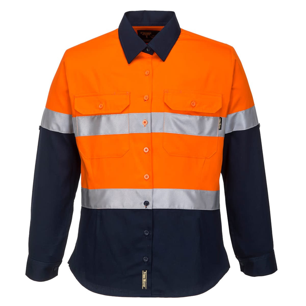 A long-sleeve high-visibility shirt in orange and navy, featuring reflective stripes and pockets. Includes a logo.