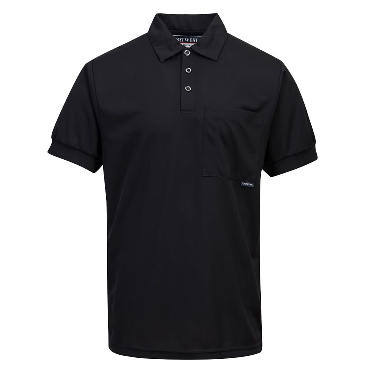 A black Micro Mesh Polo Shirt with short sleeves, featuring a pocket and a logo on the hem.