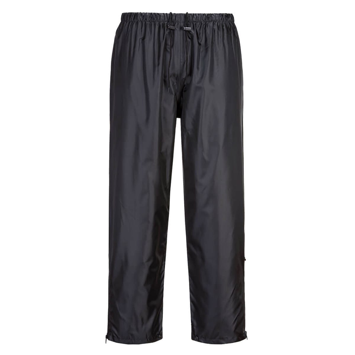 Wet weather leisure pants in black, featuring an elastic waistband and a logo. Ideal for outdoor activities.