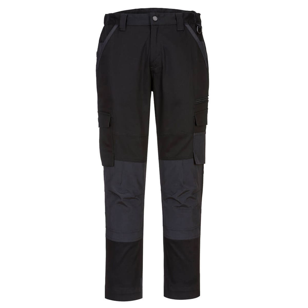 Black and charcoal work pants with multiple pockets and a fitted design, featuring a logo on the waistband.