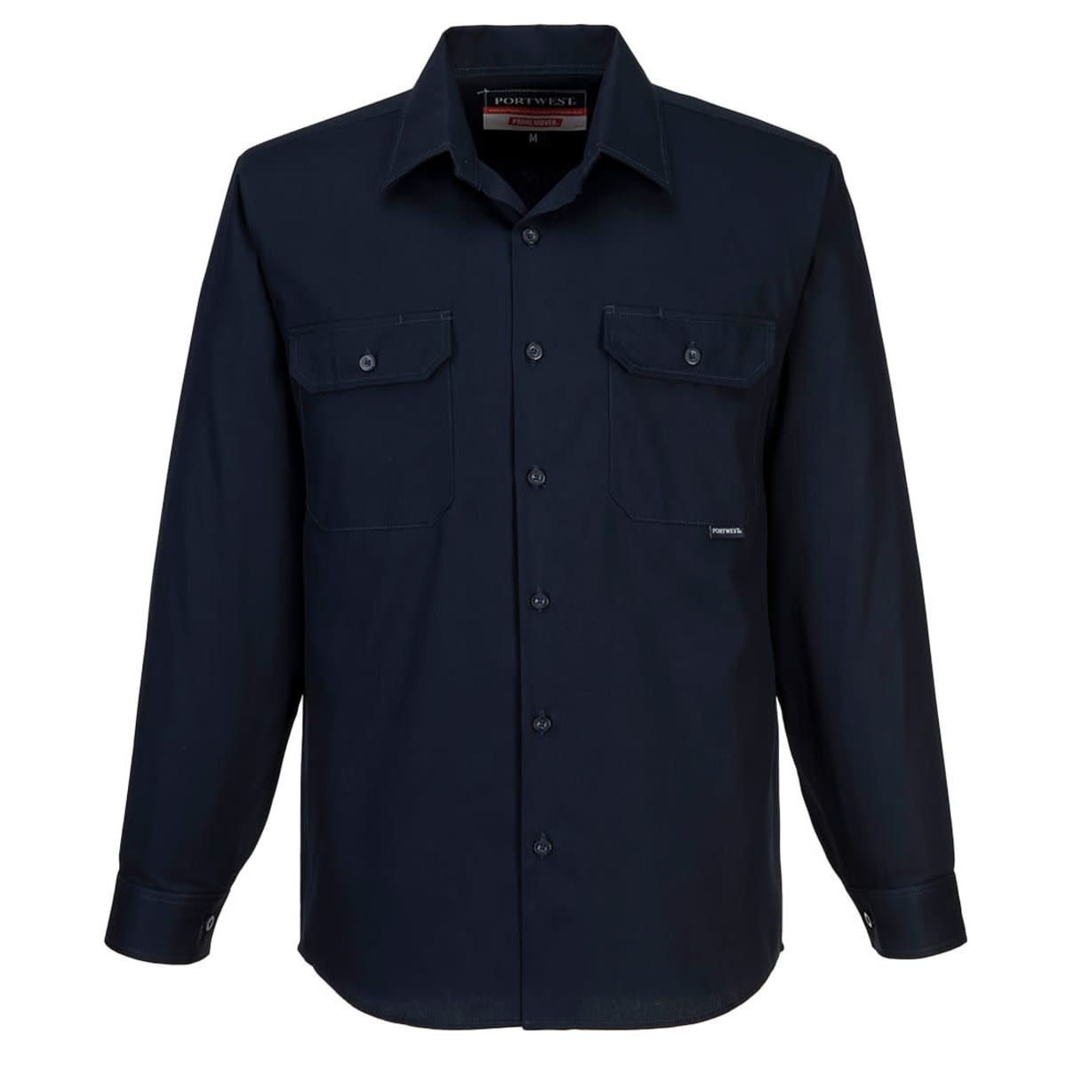 A long-sleeve button-up shirt in navy blue with two chest pockets and a logo on the label.