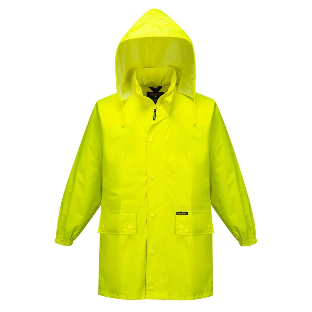 A bright yellow wet weather suit with a hood and front pockets, featuring a logo on the jacket.