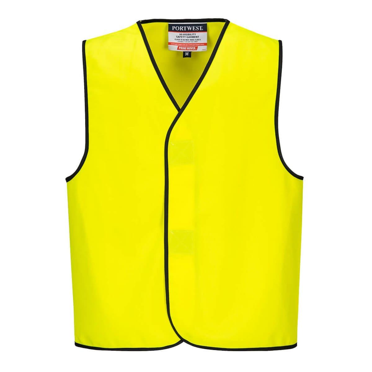A bright yellow hi-vis vest with a black trim and a front fastening, designed for visibility and safety.