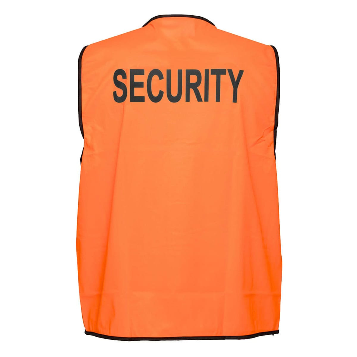 An orange hi-visibility vest with black trim, featuring the word "SECURITY" prominently on the back.