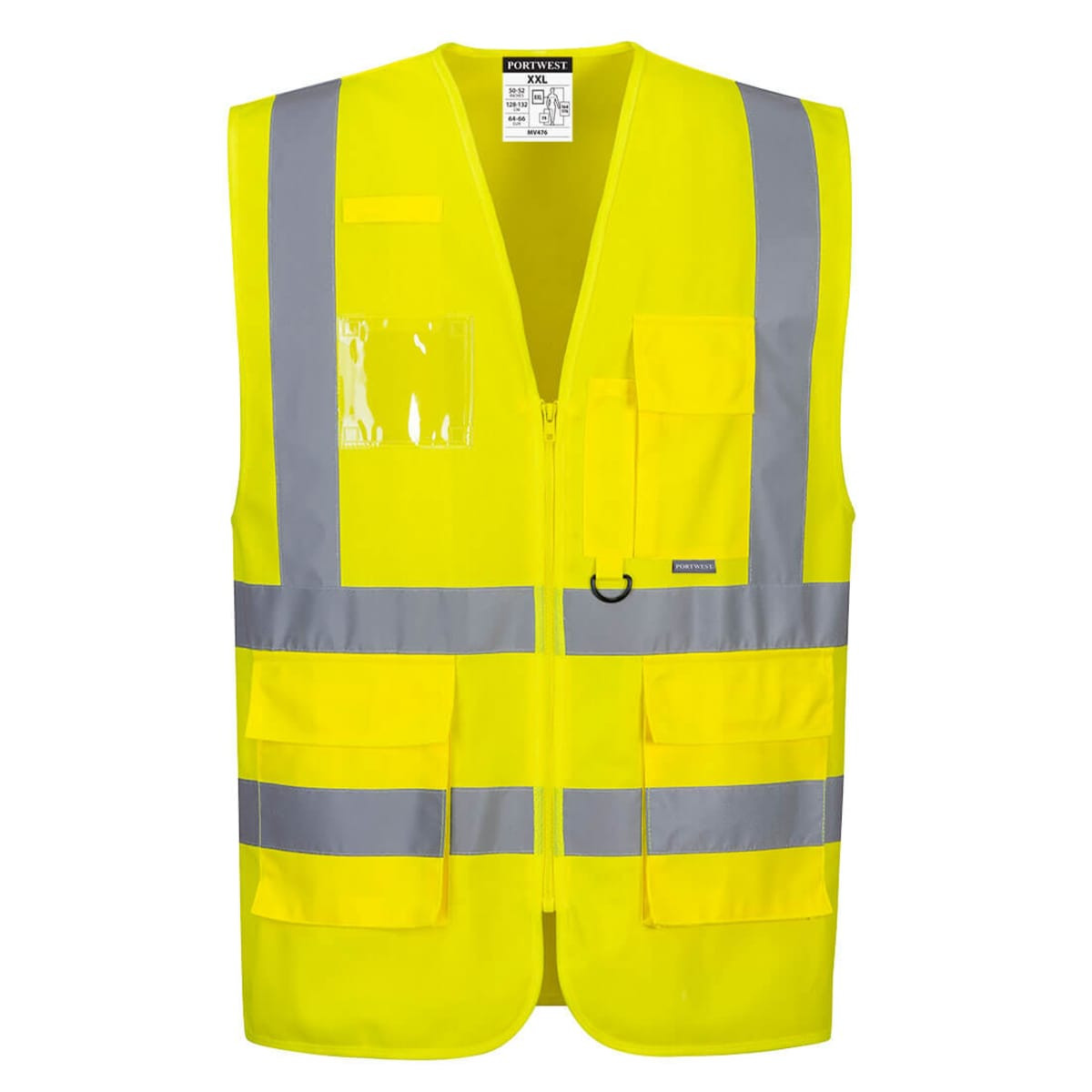 A high-visibility yellow vest with reflective strips and several pockets. It features a front zip and has a logo.