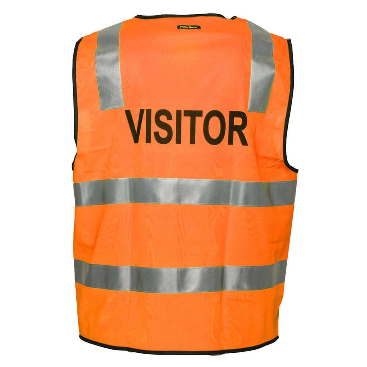 An orange work vest with reflective strips and a branding logo, labelled "VISITOR" on the back.