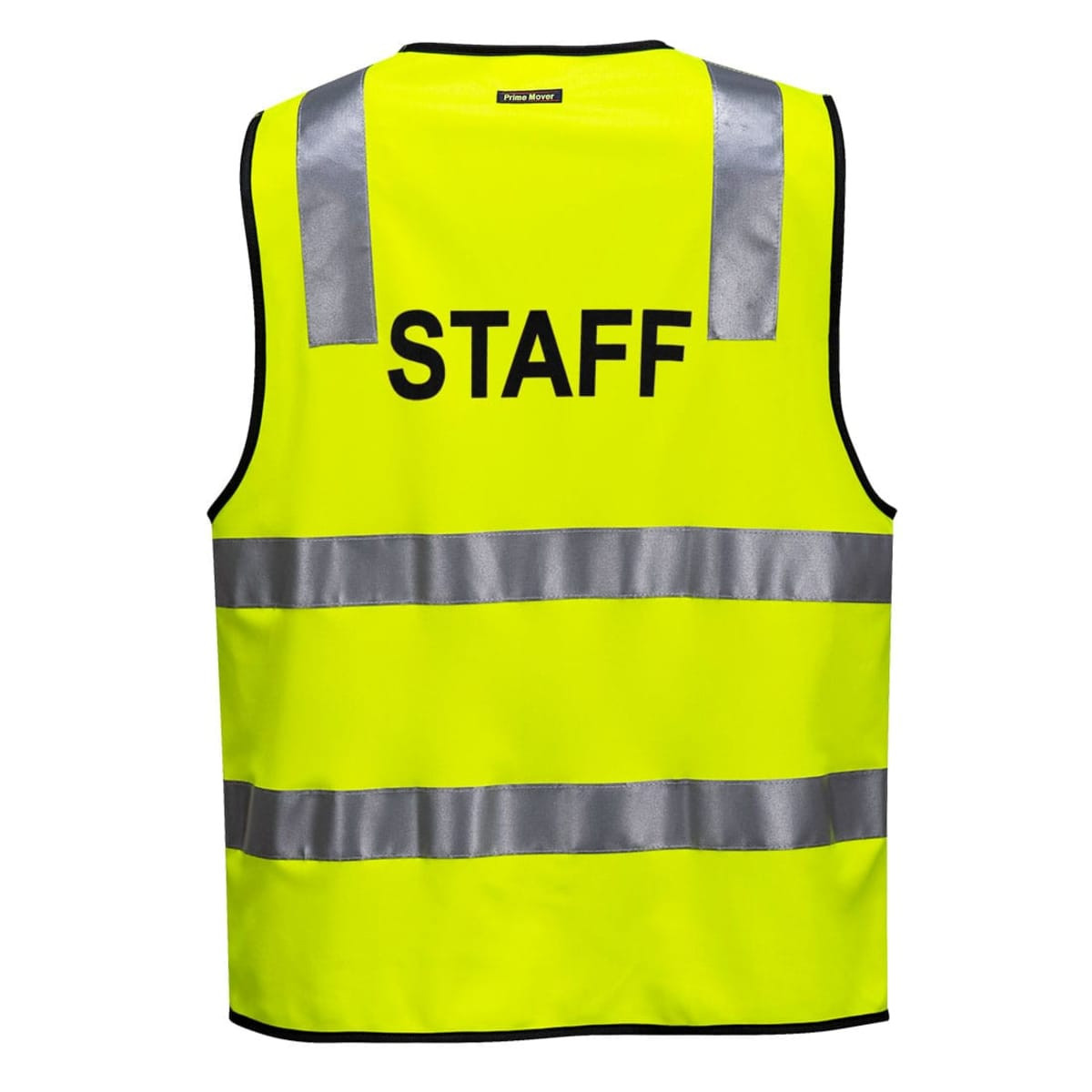 A high-visibility yellow work vest featuring reflective stripes and a logo. Suitable for staff identification.