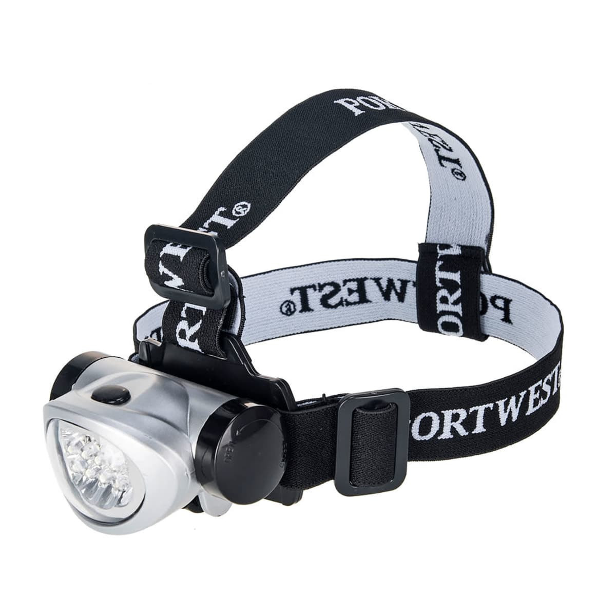 A LED headlamp with a silver front and adjustable black straps featuring a logo.