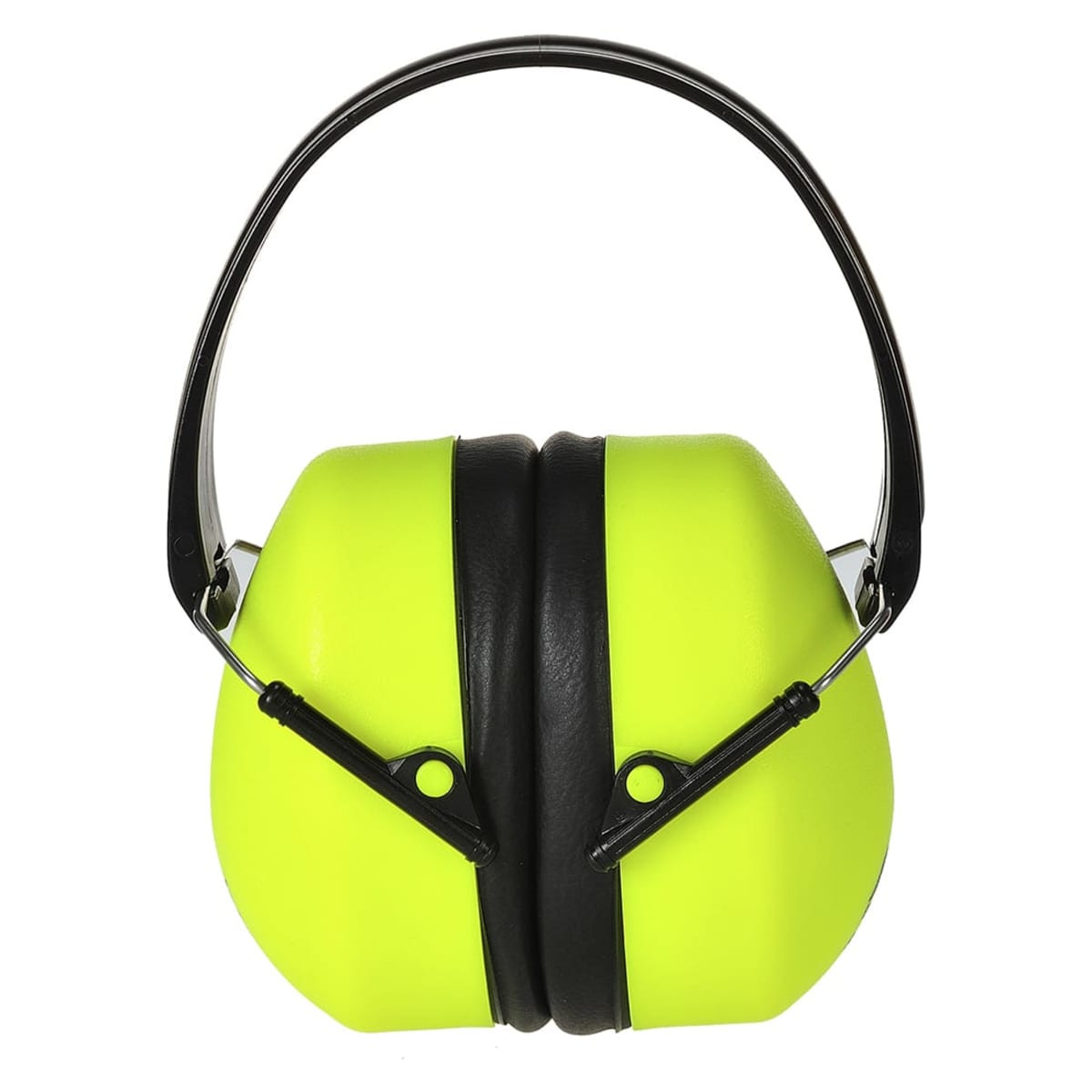 A bright yellow ear protector with a black band, featuring a logo on one side.