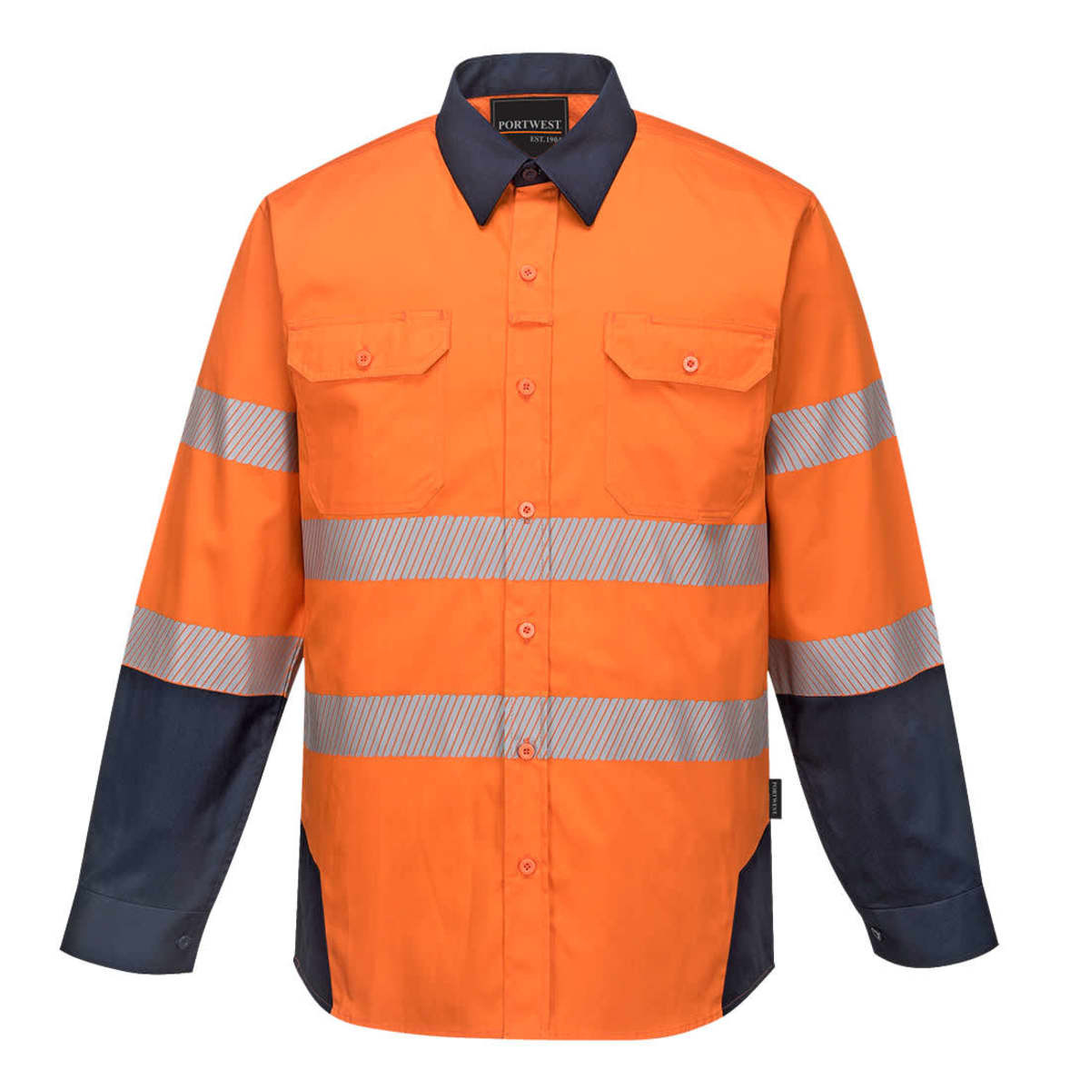 A high-visibility work shirt in orange with blue sleeves and reflective stripes, featuring a logo on the chest.