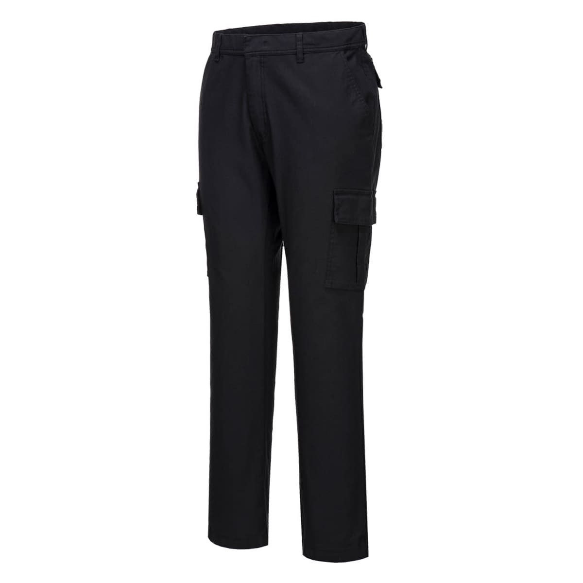 A pair of black stretch combat trousers with cargo pockets and a sleek design. Features a small logo.