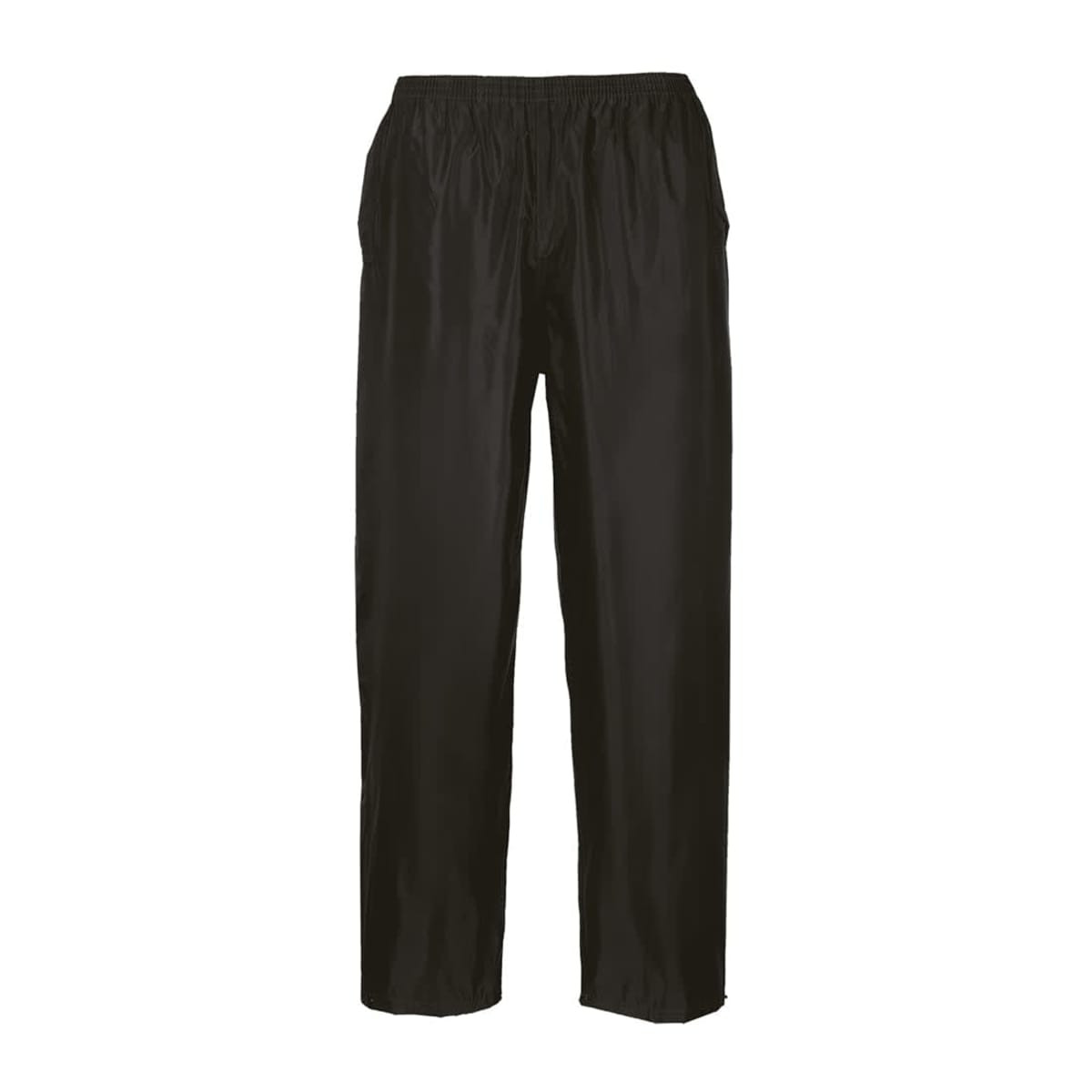 Black rain trousers with an elastic waistband and side pockets, featuring a branding logo.