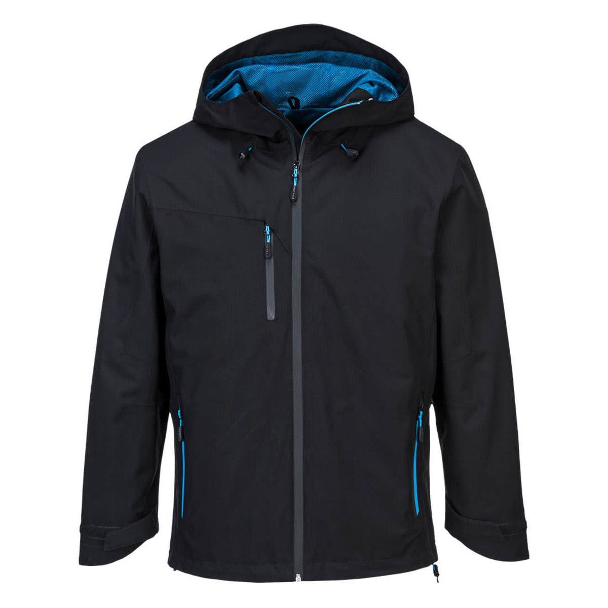 A black soft shell jacket with a blue interior, featuring a hood and zippered pockets. It has a logo on the front.