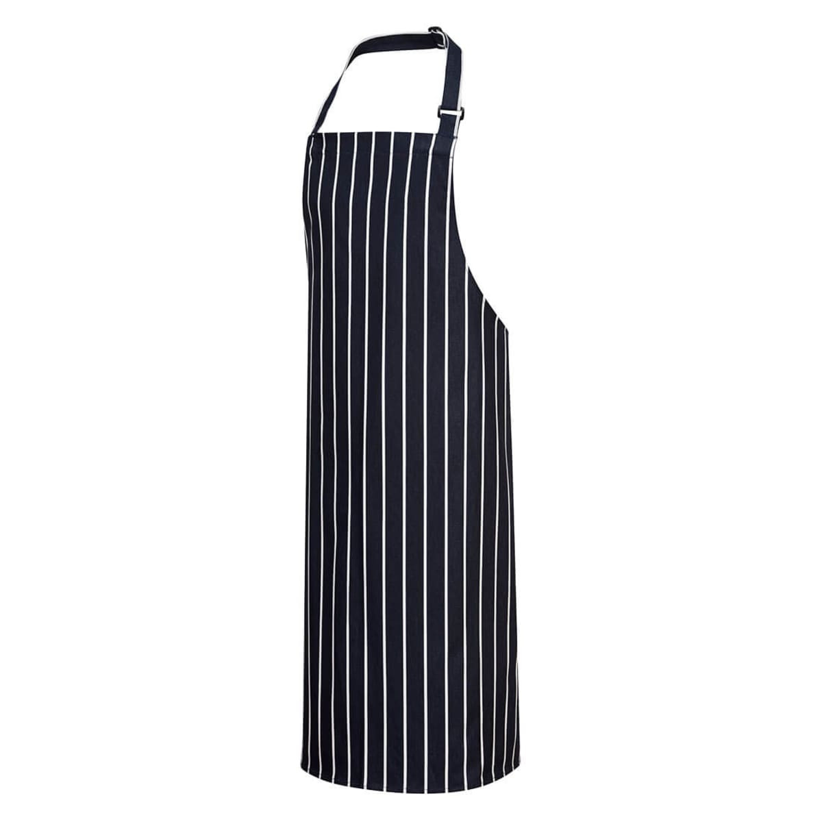 A navy striped apron with adjustable straps and a sleek design. It includes a branding logo.