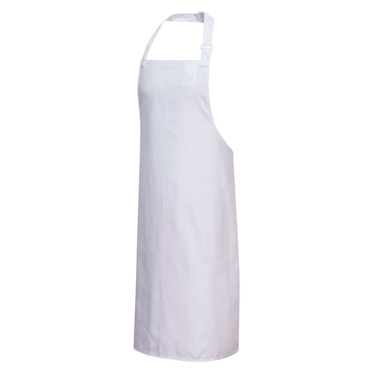 A white bib apron with adjustable straps, featuring a logo, designed for workwear use.