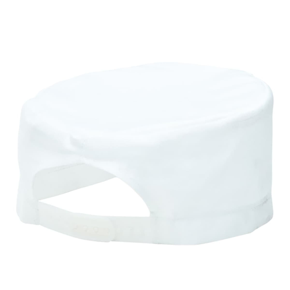 A white chef skull cap with a flat top and adjustable back, featuring a branding logo.