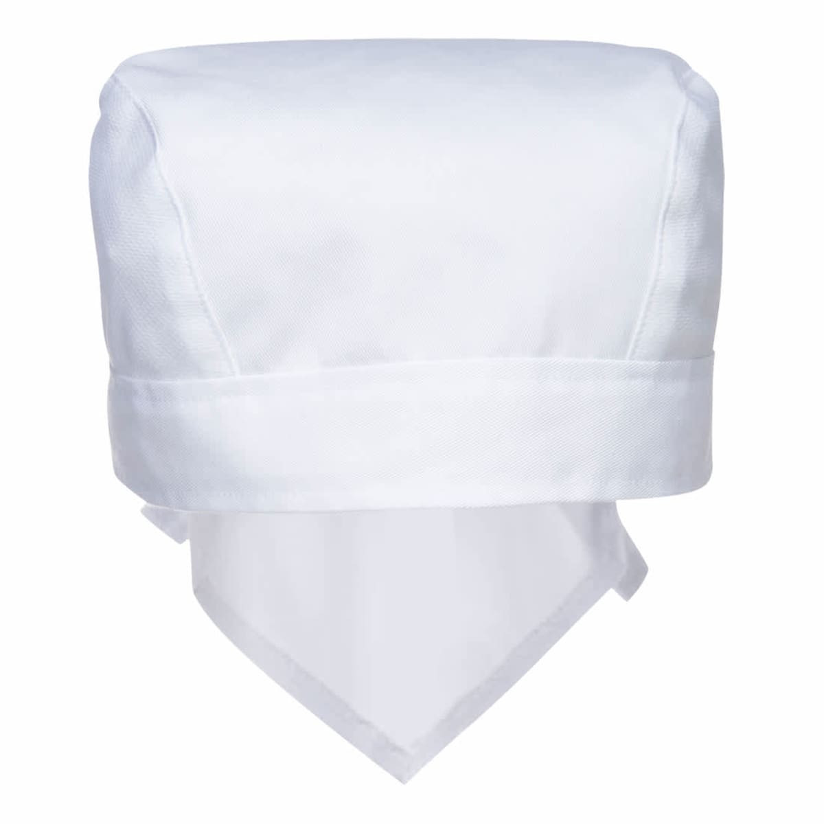 A white bandana-style headwear with a structured top and trailing fabric at the back. Features a logo.