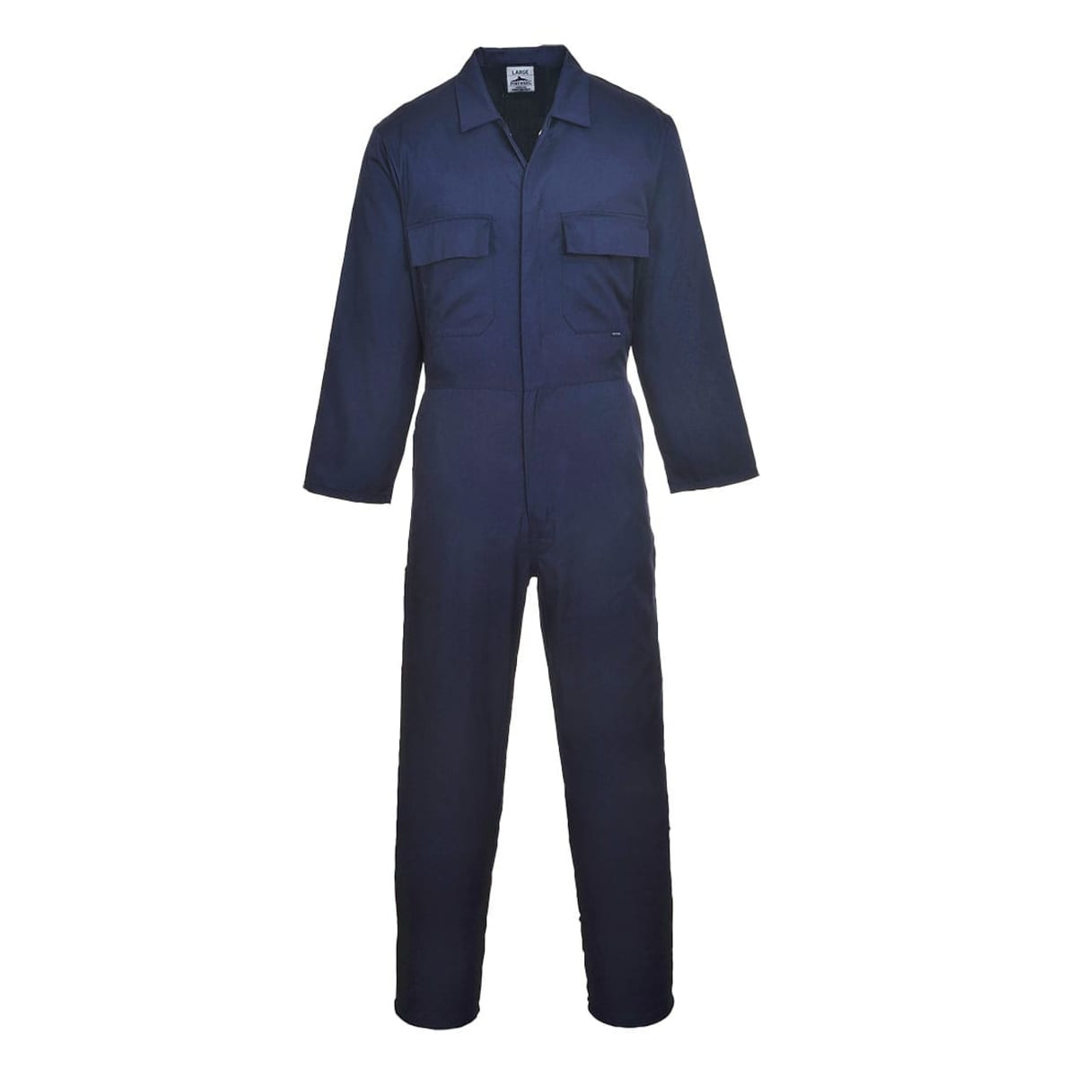 A navy blue Euro Work Boilersuit with long sleeves and two chest pockets, featuring a logo.