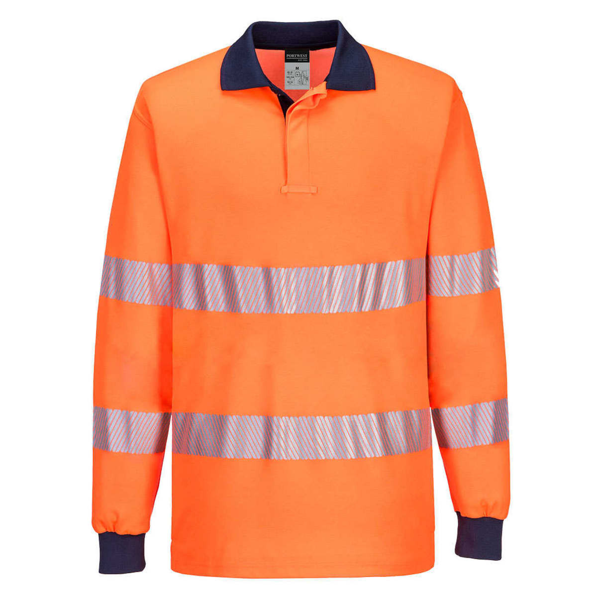 Hi-Vis long-sleeve polo shirt in bright orange with reflective stripes and a navy collar. Logo present on the shirt.