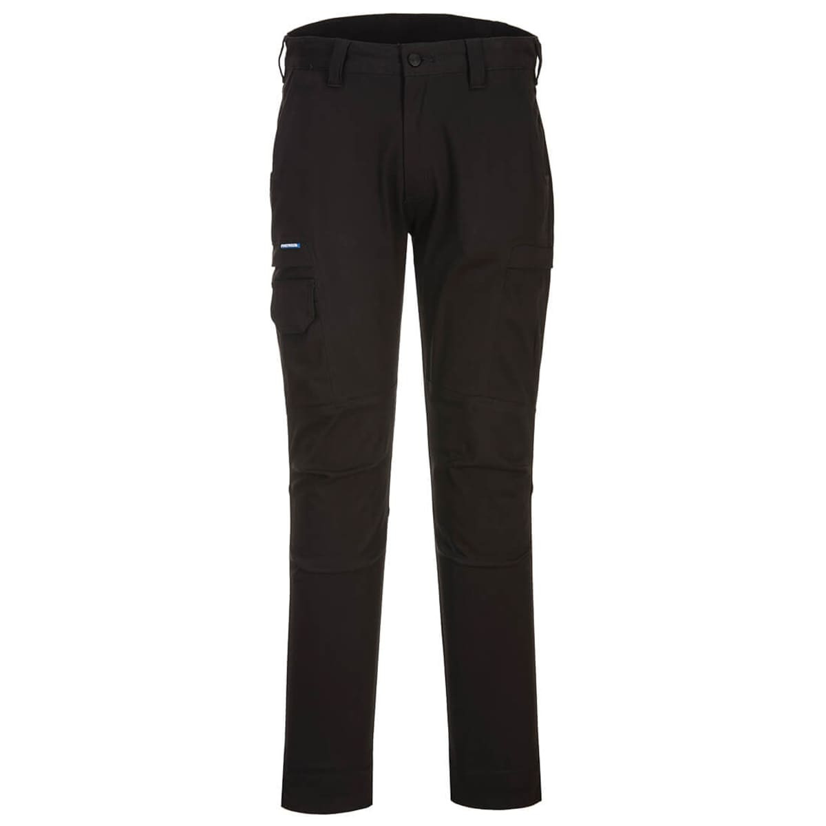 Black cargo trousers featuring multiple pockets and a logo. Suitable for various outdoor activities.
