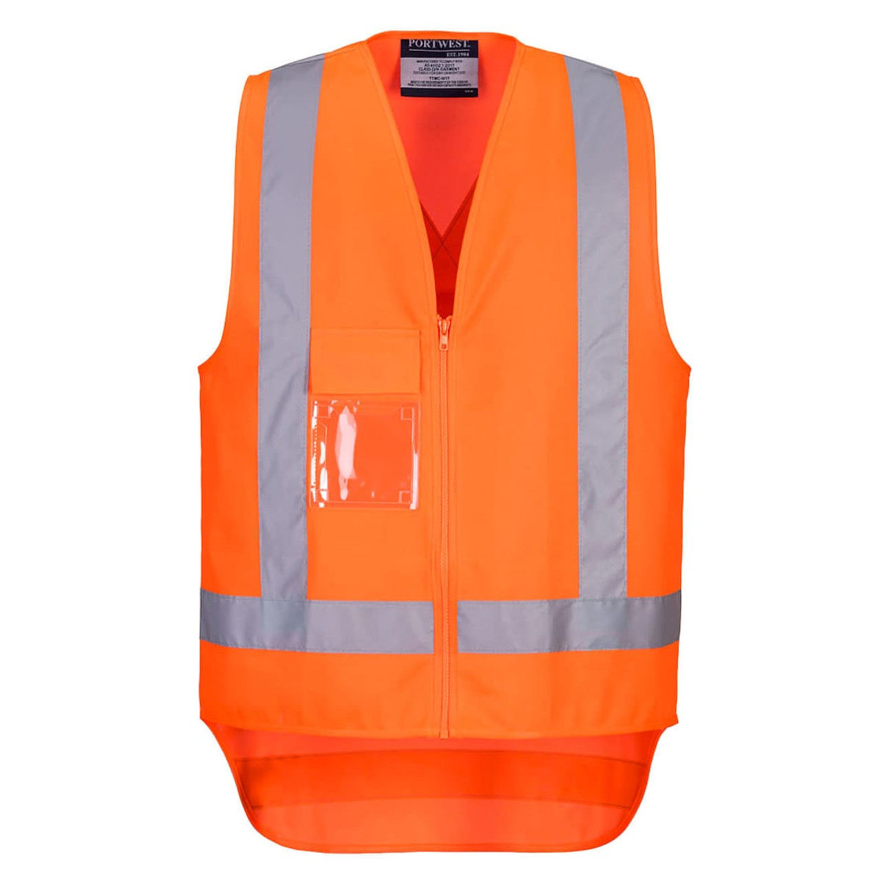 An orange hi-vis vest featuring reflective stripes and a clear pocket. The vest has a front zipper and branding.