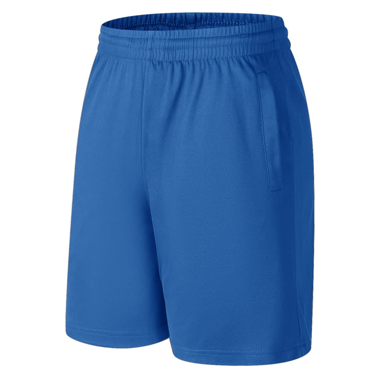 Blue sports shorts with an elastic waistband and side pockets, featuring a logo on the fabric.