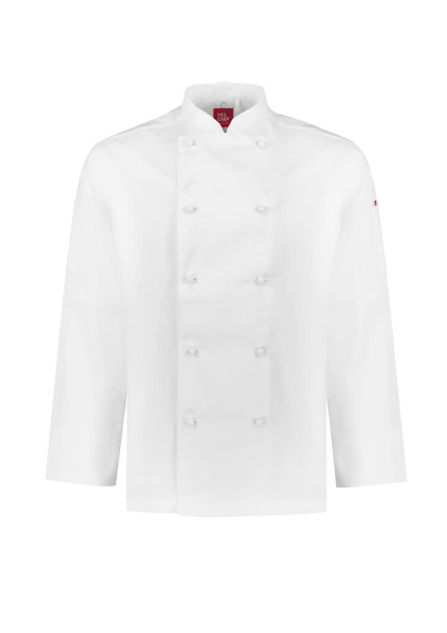 A white long sleeve chef jacket with a double-breasted design and branding on the sleeve.
