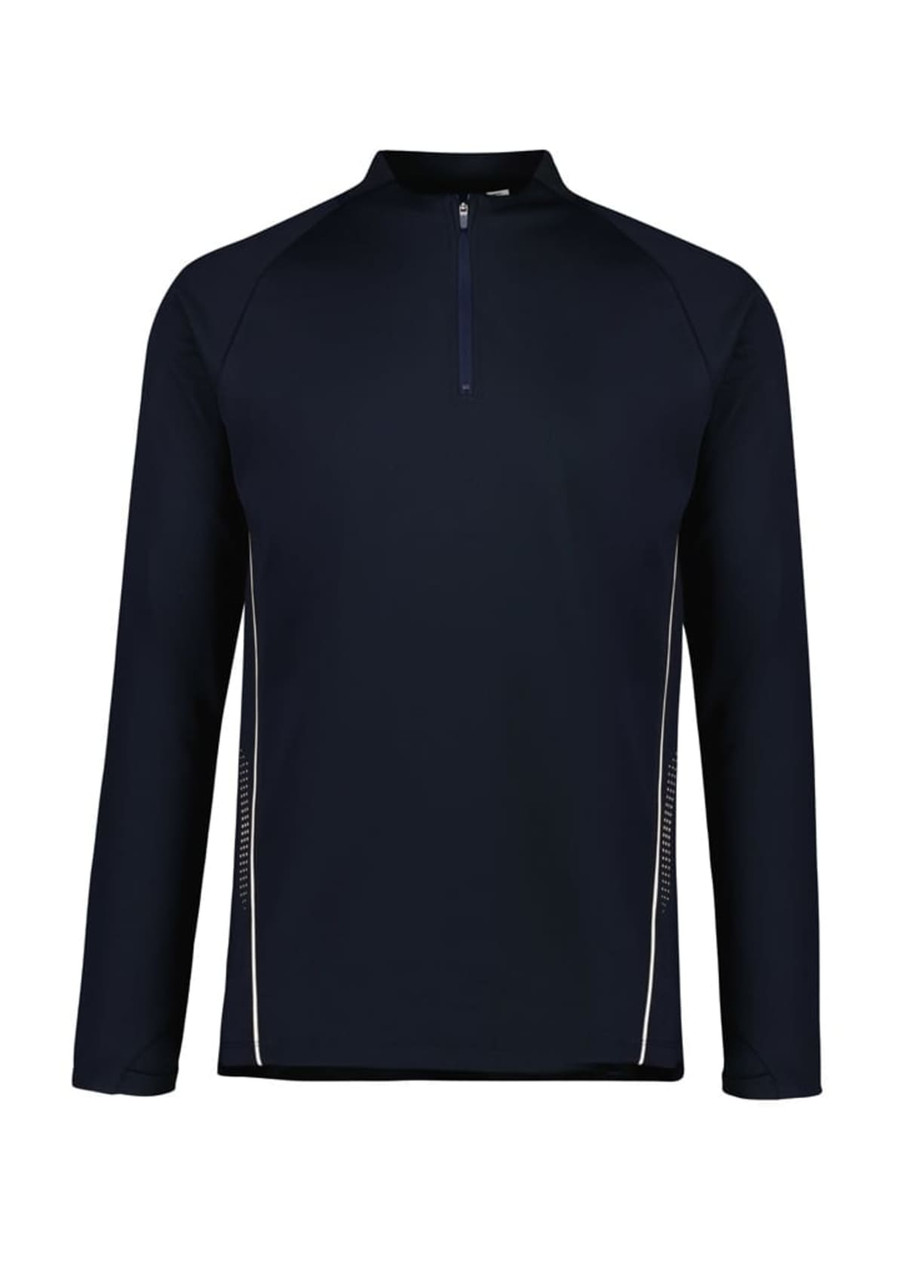 A unisex mid-layer top in navy blue with a quarter zip and white detailing, featuring a branding logo.