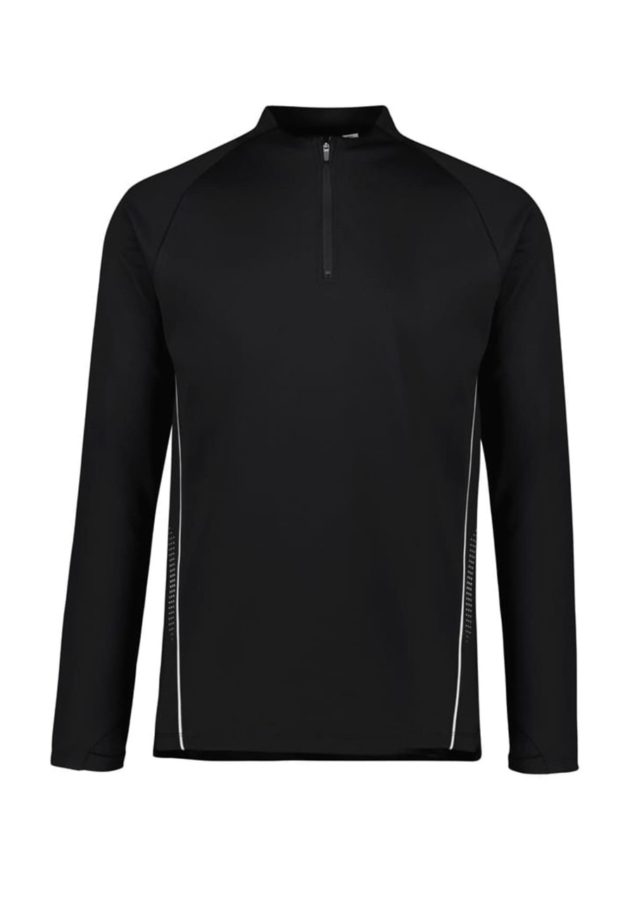 A black unisex mid-layer top featuring a half zip and reflective detailing, designed for comfort and warmth.