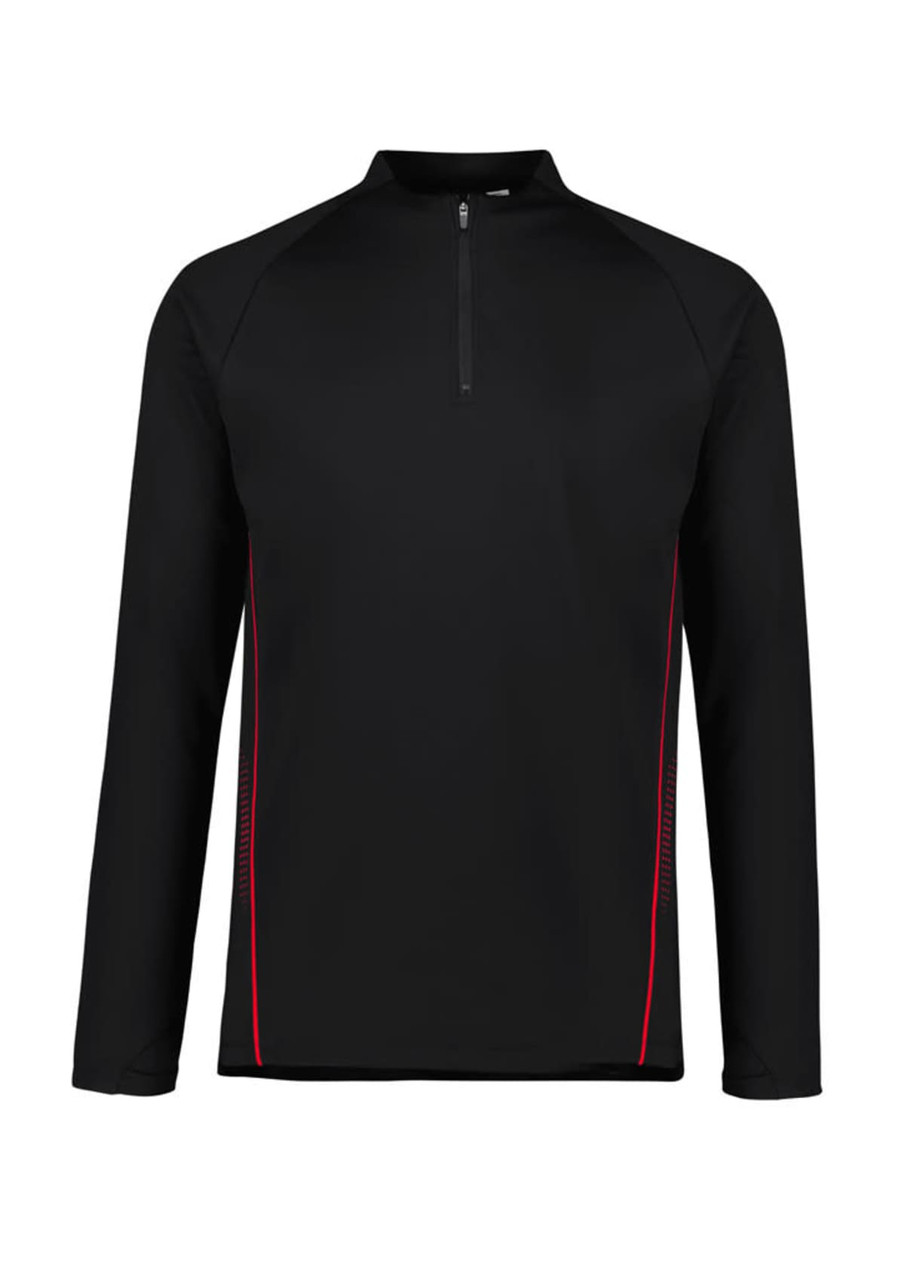 A black unisex mid-layer top with a quarter zip and red detailing, featuring a logo on the front.