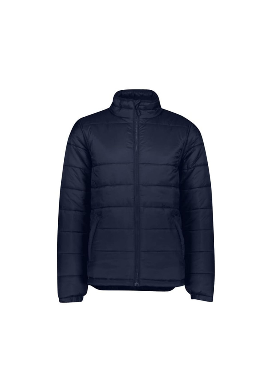 A navy puffer jacket featuring a zip front, high collar, and side pockets, with a logo on the upper left.