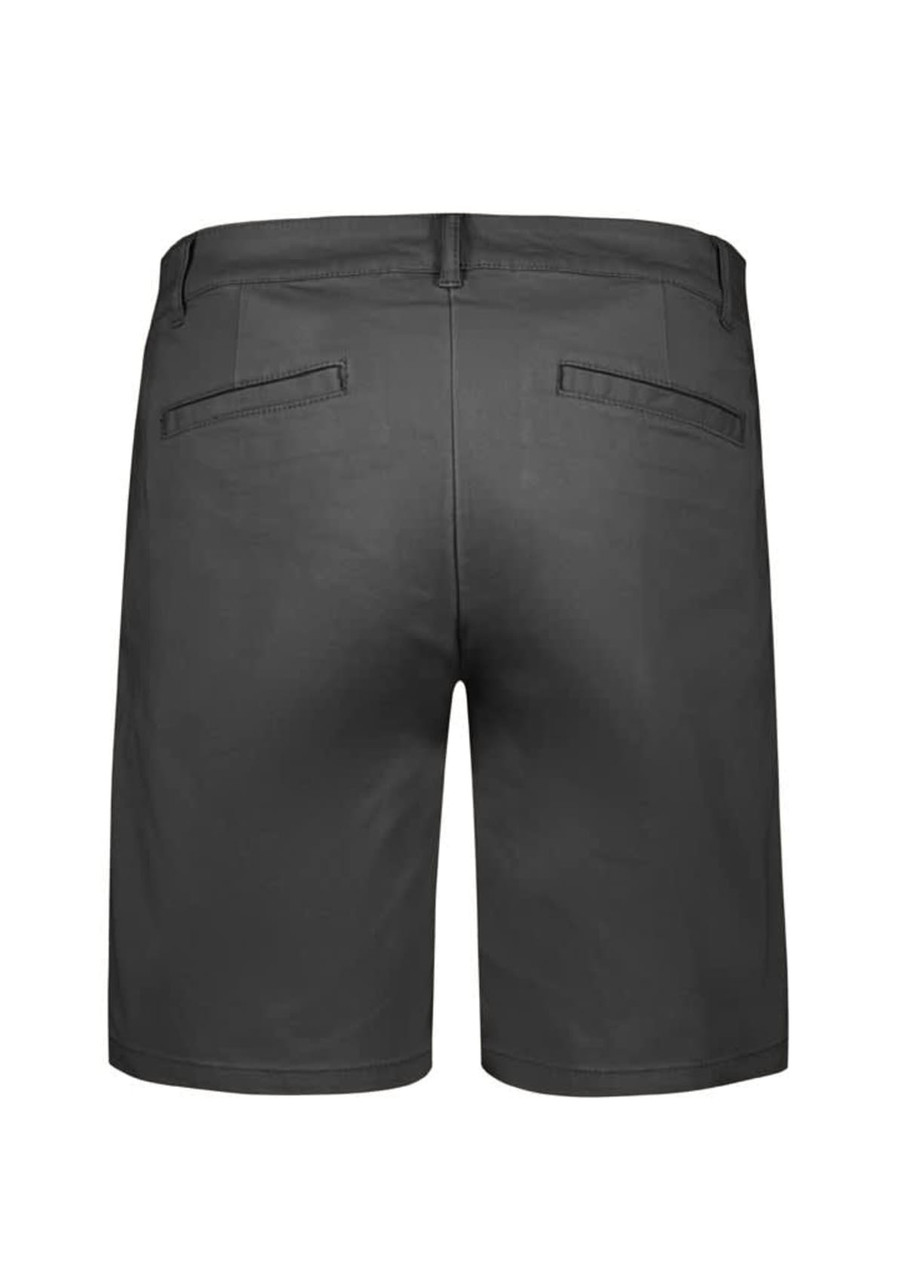 A pair of women's chino shorts in dark grey, featuring two back pockets and a clean, tailored design.