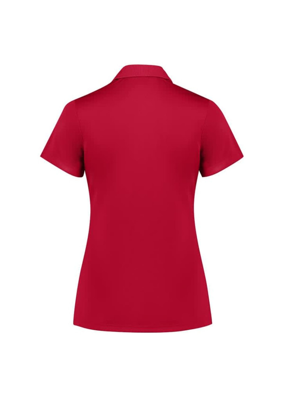 A red women's short sleeve polo shirt featuring a collar and a back view. The shirt includes a logo.