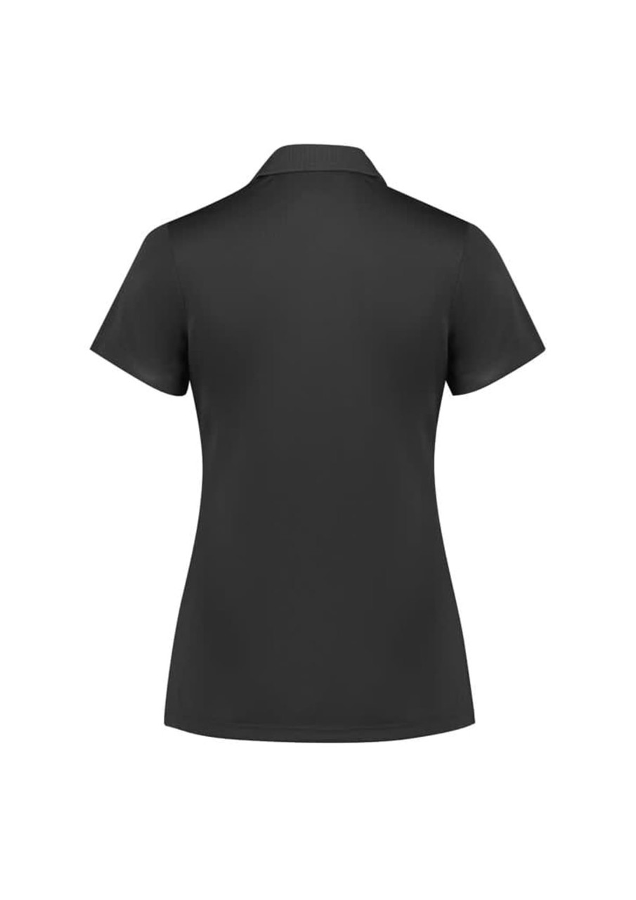 A women's black short sleeve polo shirt with a classic collar and a plain back, featuring a logo.