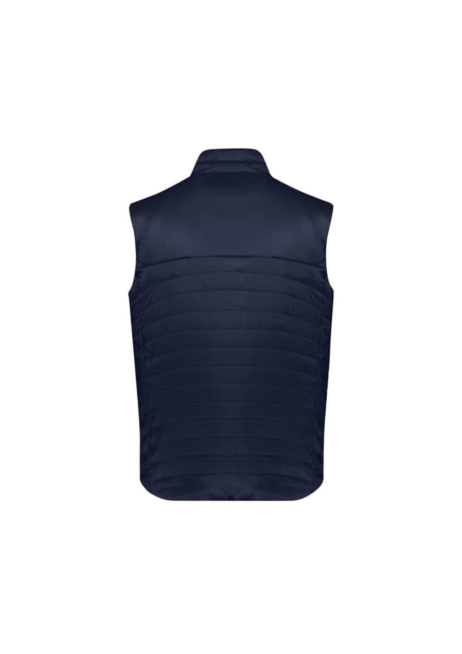A navy men's expedition vest with a quilted design and a high collar, featuring no sleeves and a branding logo.