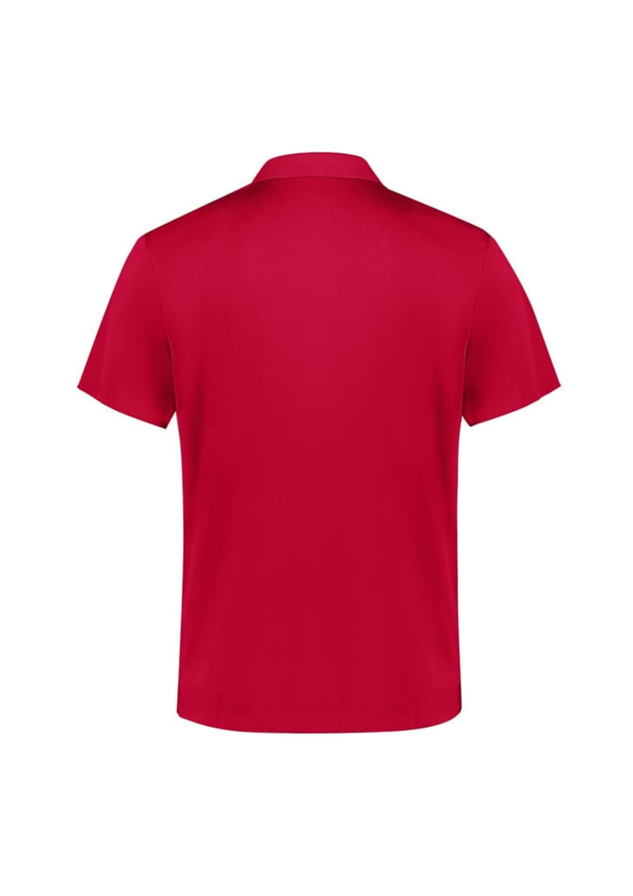 A red short sleeve polo shirt with a smooth fabric finish and a collar, featuring a logo on the front.