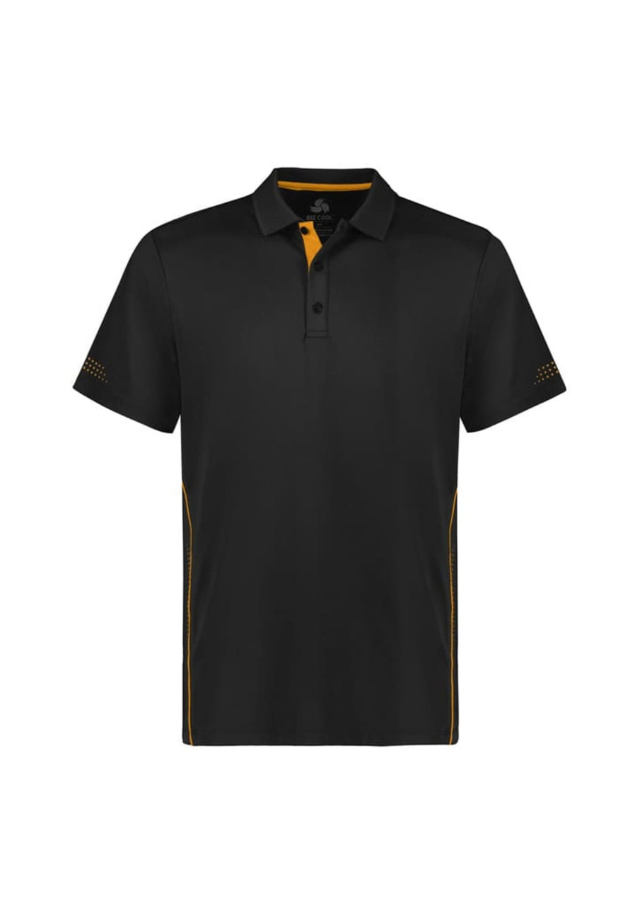 A black polo shirt with yellow accents and a logo, featuring short sleeves and a classic collar.