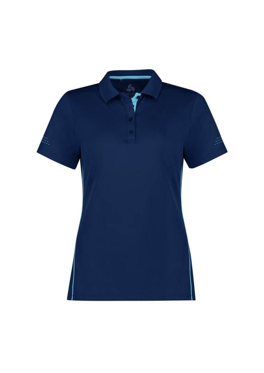 A women's short sleeve polo shirt in navy blue with light blue accents and a logo on the chest.