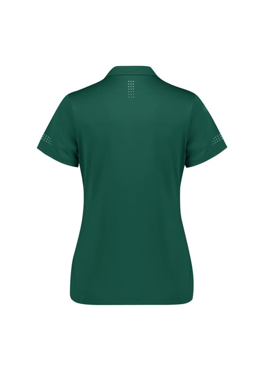 A women's short sleeve polo shirt in dark green, featuring a logo and decorative details on the sleeves.