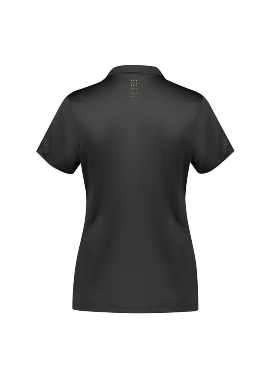 A women's short sleeve polo shirt in black with a subtle logo and detailed stitching on the back.