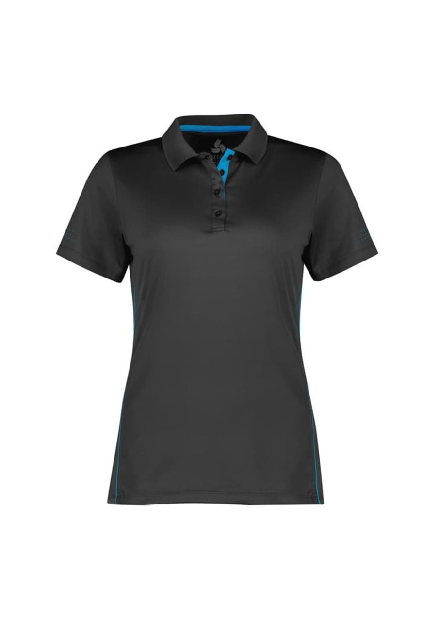 A women's short sleeve polo shirt in black with blue accents and a logo.
